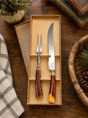 Vintage Stag Handle Style Carving Set Knife & Fork With Original Storage Box